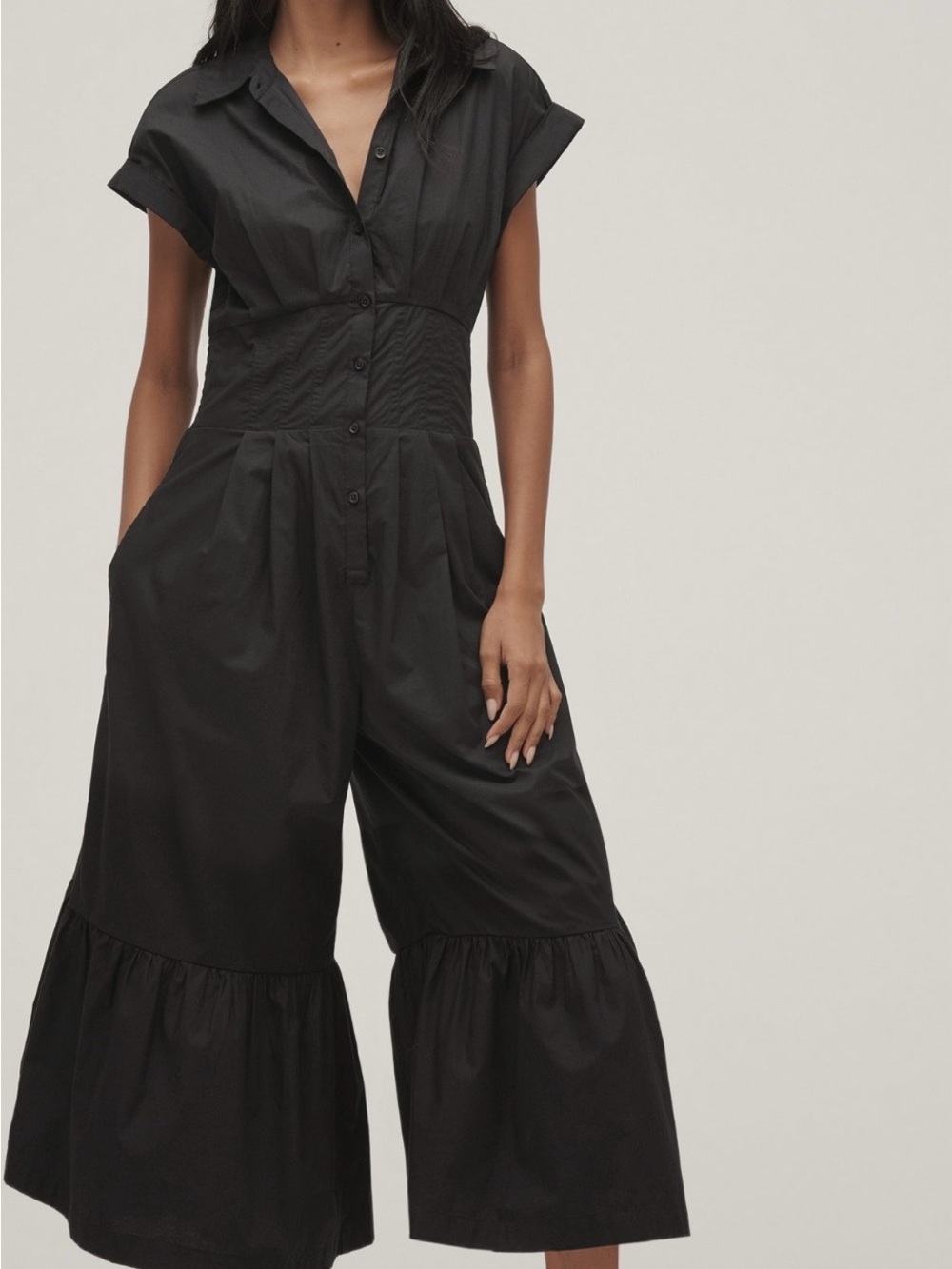 Black Pleated Shirting Wide-Leg Jumpsuit